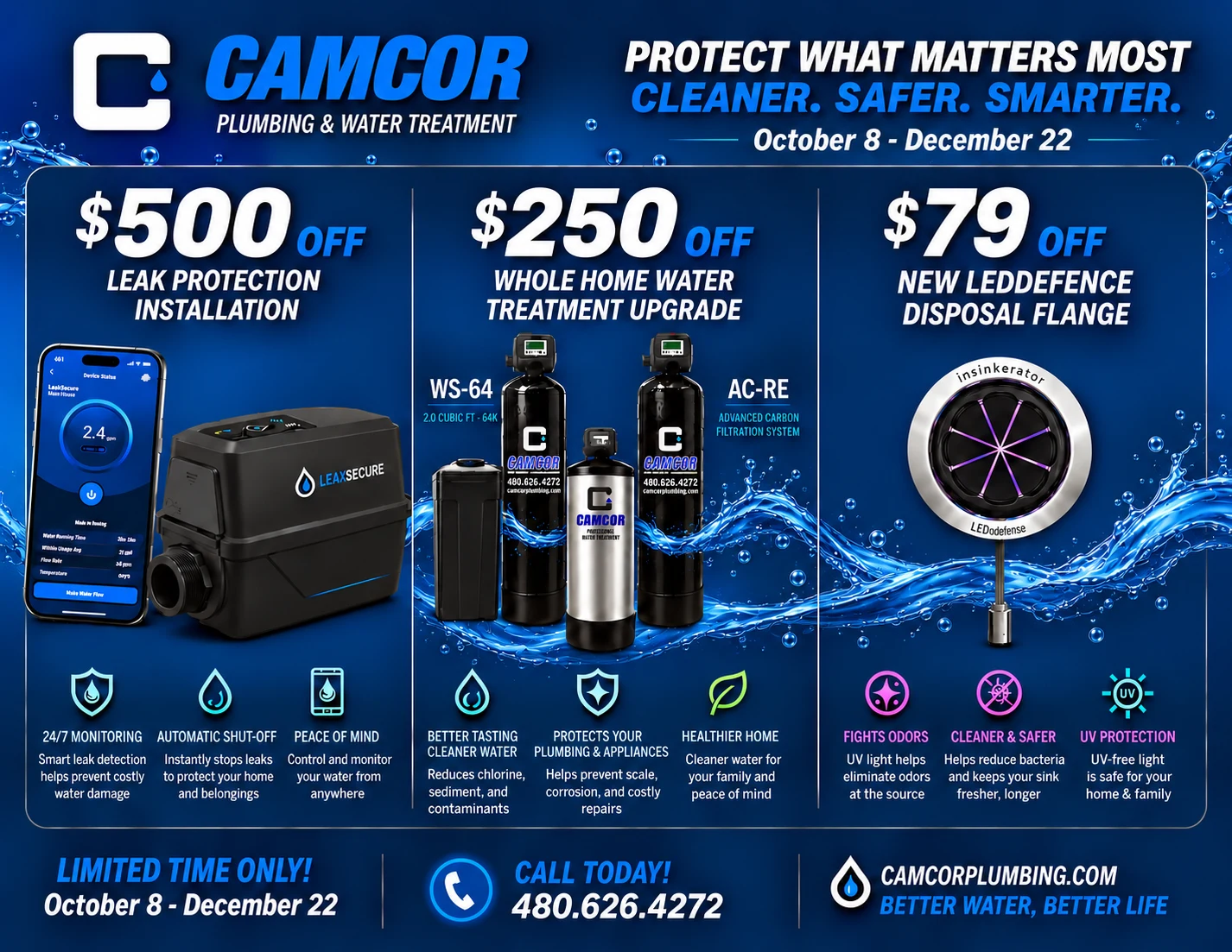 Camcor Plumbing & Water Treatment — Protect what matters most. Cleaner. Safer. Smarter. October 8 to December 22: $500 off leak protection installation (LeakSecure smart monitoring with automatic shut-off), $250 off a whole-home water treatment upgrade (WS-64 softener and AC-RE advanced carbon filtration), and $79 off a new LEDefense disposal flange by InSinkErator. Limited time only. Call 480-626-4272.