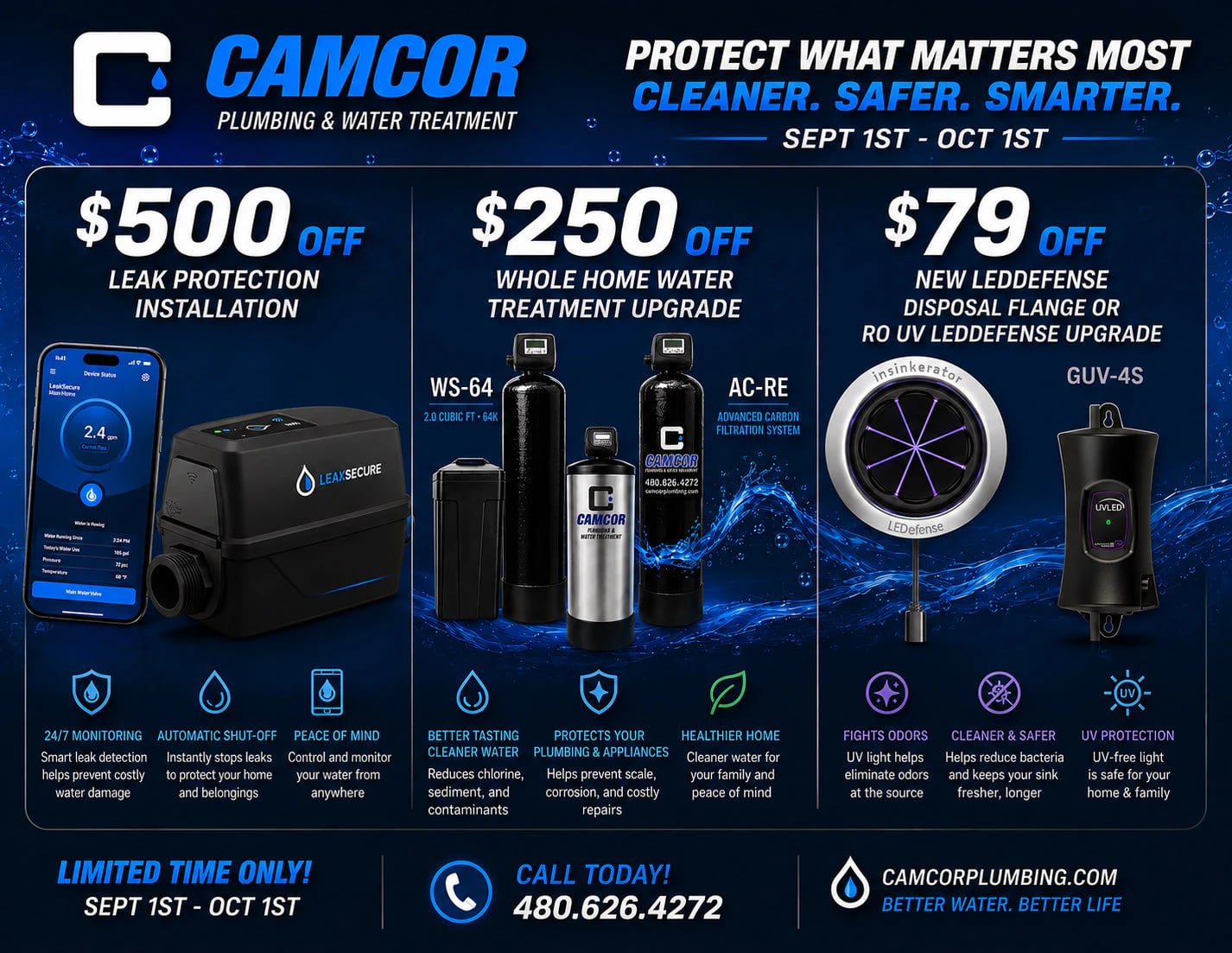 Camcor Plumbing & Water Treatment September Savings: $500 off leak protection installation, $250 off a whole-home water treatment upgrade, and $79 off a new LEDefense disposal flange or RO UV LEDefense upgrade. Valid September 1 through October 1.