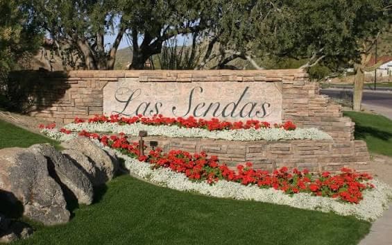 The Las Sendas stone monument sign at the neighborhood entrance in Northeast Mesa, Arizona