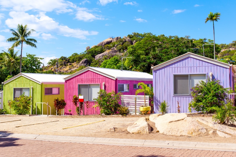 Beach huts in tropical resort.